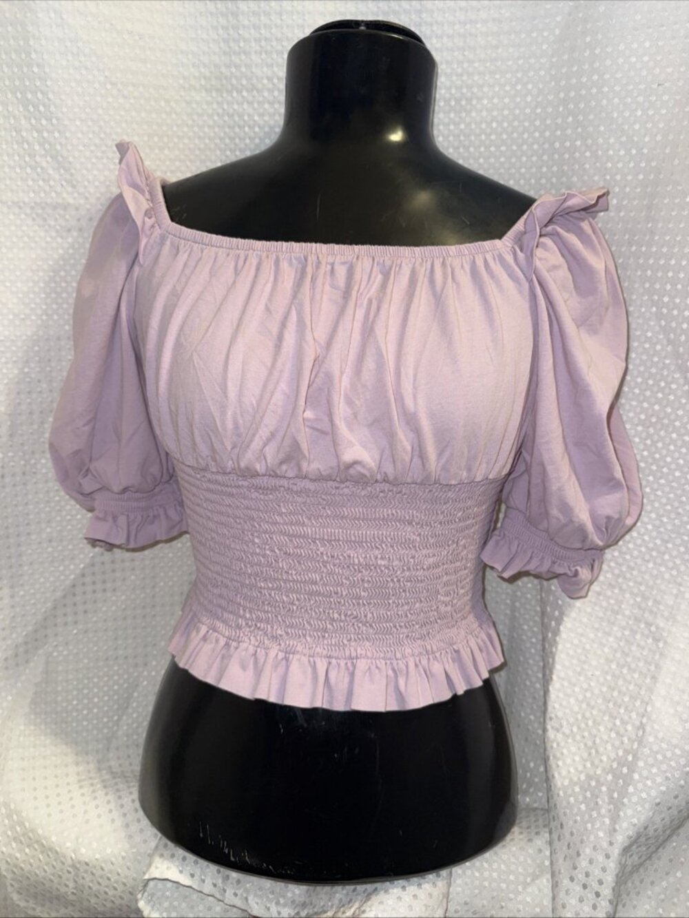 ONLY Peasant Crop Top Women SMALL size 4 Smocked Puffy Sleeves Purple Blouse